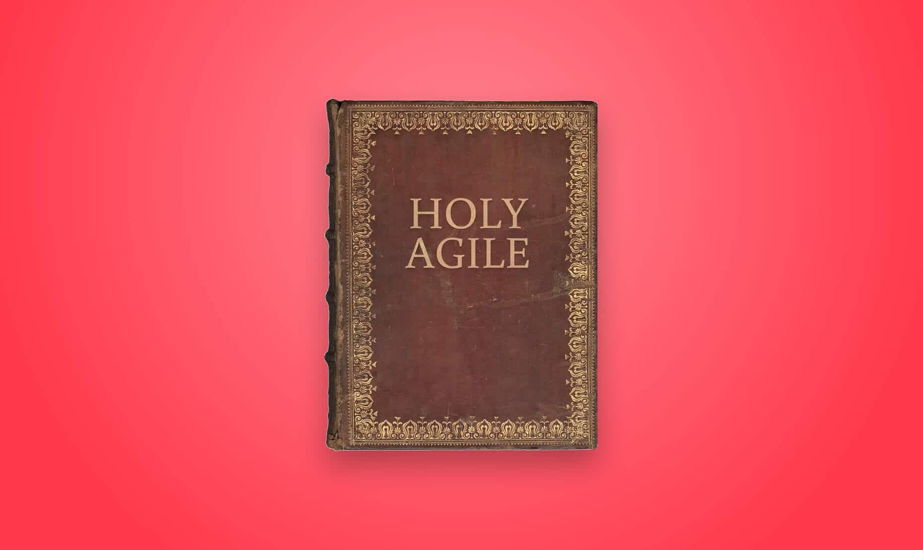 Afbeelding van een antiek leergebonden boek, met als titel "Holy Agile"
